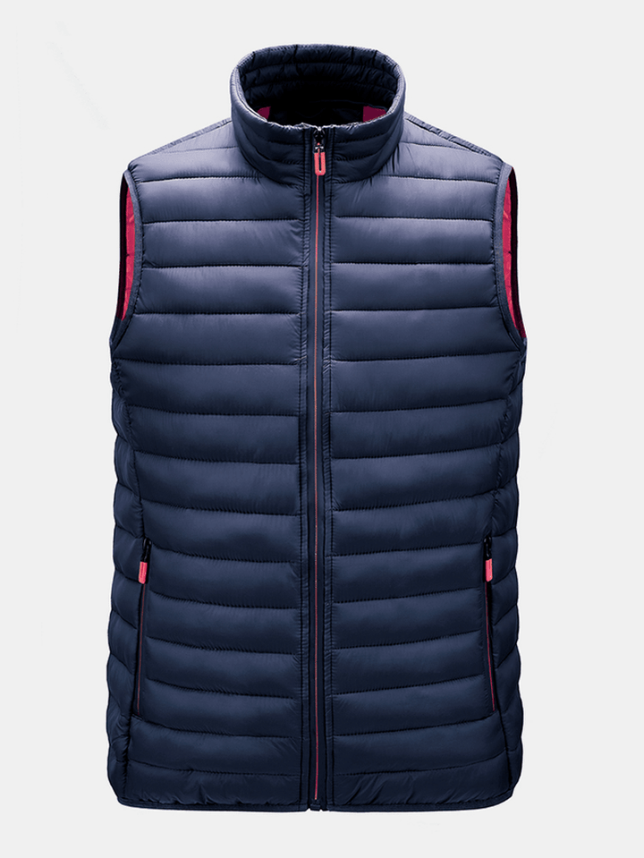 Mens Zip up Quilted Solid Sleevless Padded Vests with Welt Pocket - MRSLM