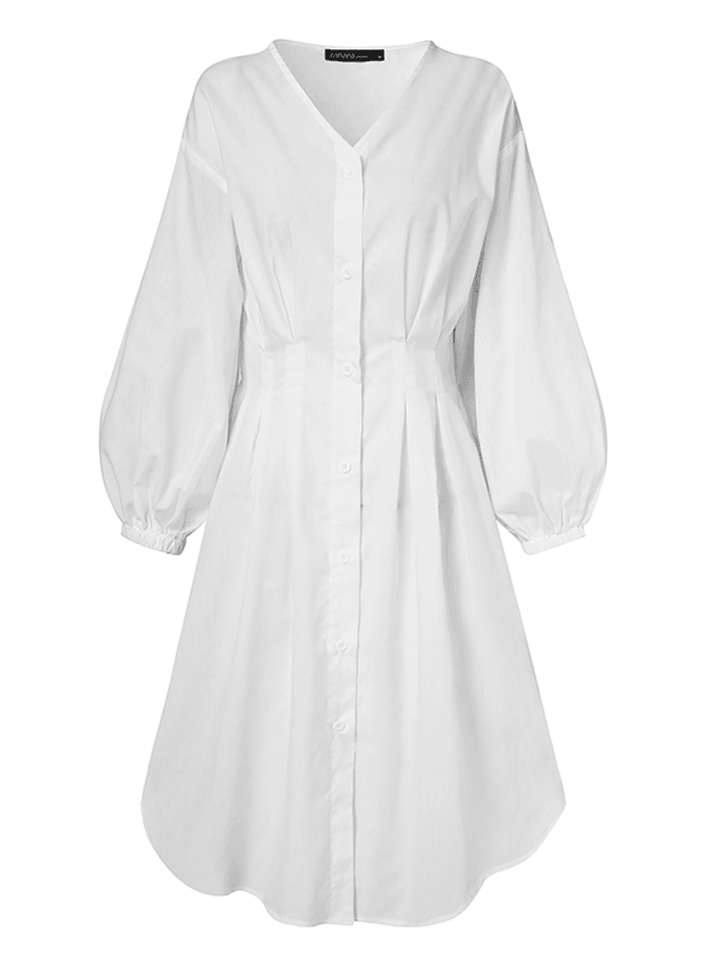 Women Solid Color Puff Sleeve Button up V-Neck Elastic Waist Simple Pleated Midi Shirt Dresses - MRSLM