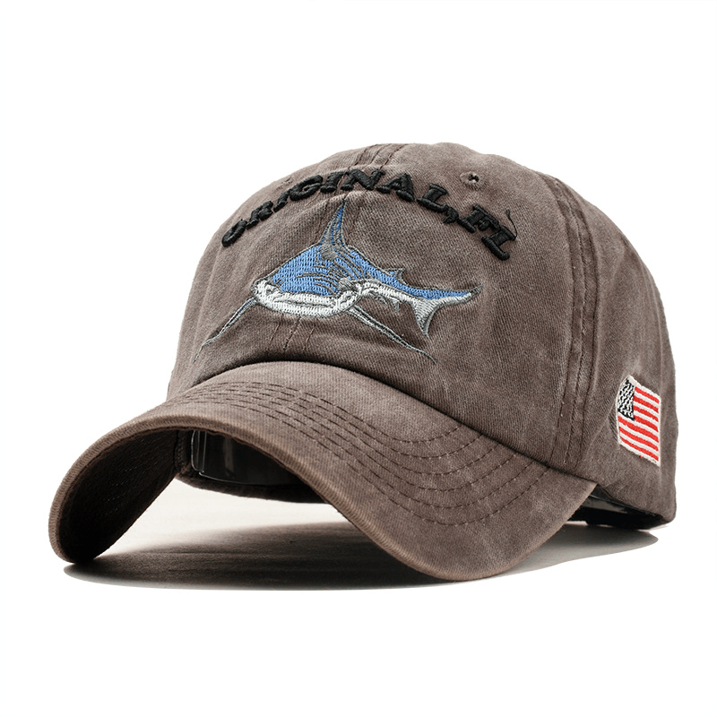 Men Women Denim Sunshade Hat Embroidered Letter Shark Washed Baseball Cap - MRSLM