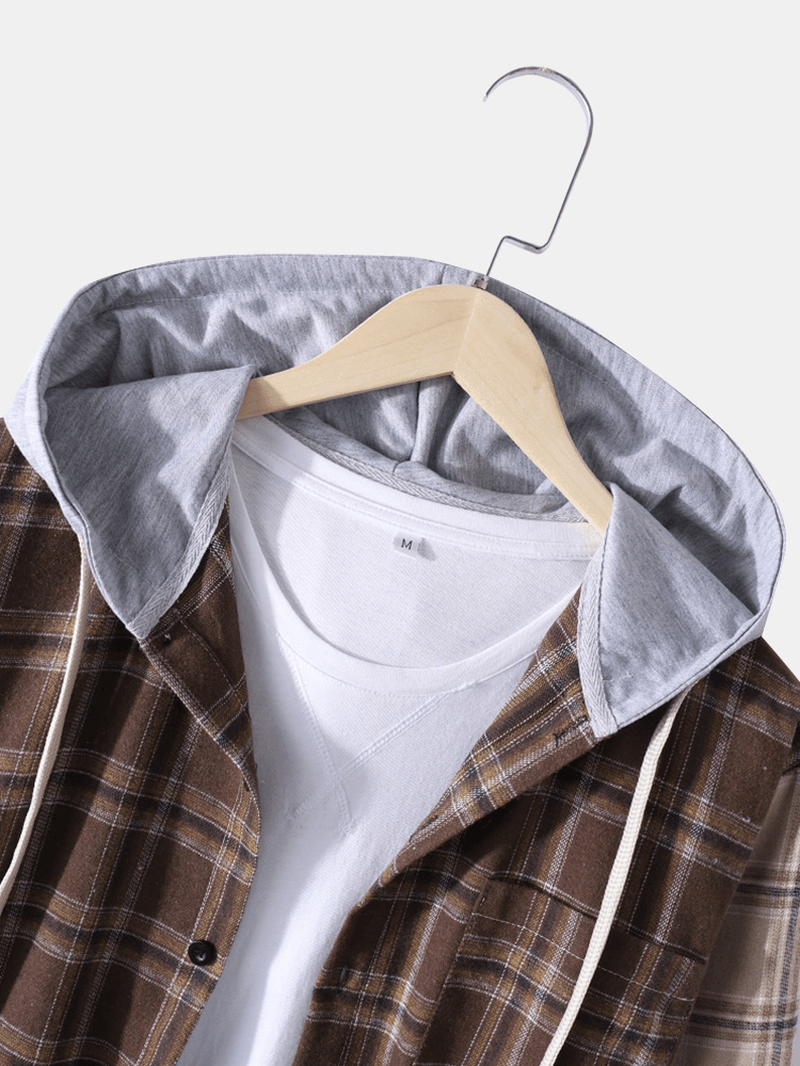 Mens Plaid Patchwork Casual Long Sleeve Drawstring Hooded Shirts with Pocket - MRSLM