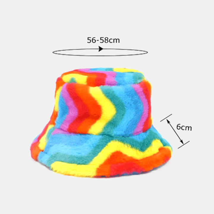 Unisex Faux Rabbit Fur Rainbow Color Striped Thicken Outdoor Warmth Bucket Hat - MRSLM