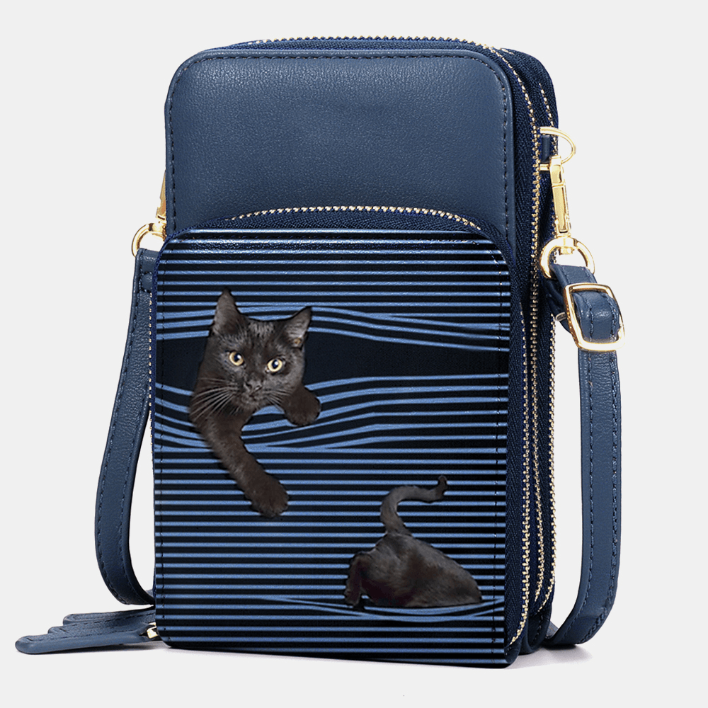 Women Faux Leather Casual Cute Black Cat and Stripes Pattern Adjustable Shoulder Bag Crossbody Bag - MRSLM