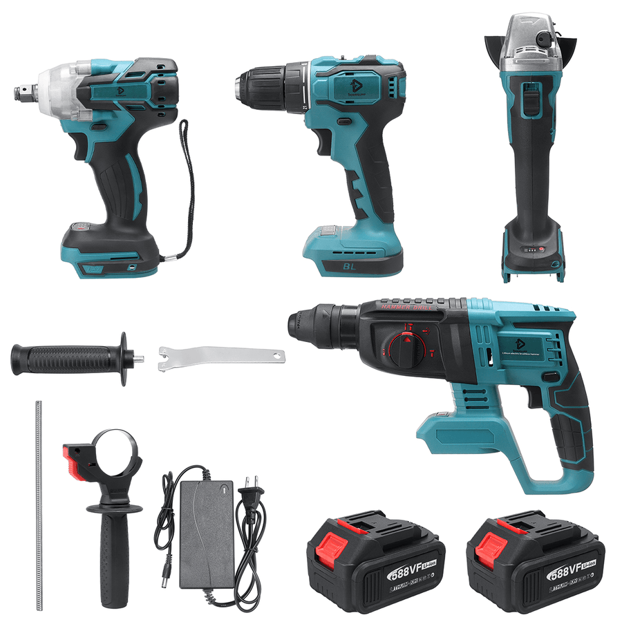 Doersupp 588VF 4Pcs Li-Ion Battery Power Tool Set Angle Grinder Cordless Drill Hammer Electric Wrench Fit Makita - MRSLM