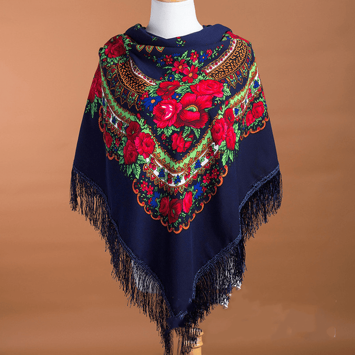 Large Square Scarf Shawl with Ethnic Print Tassels to Keep Warm - MRSLM