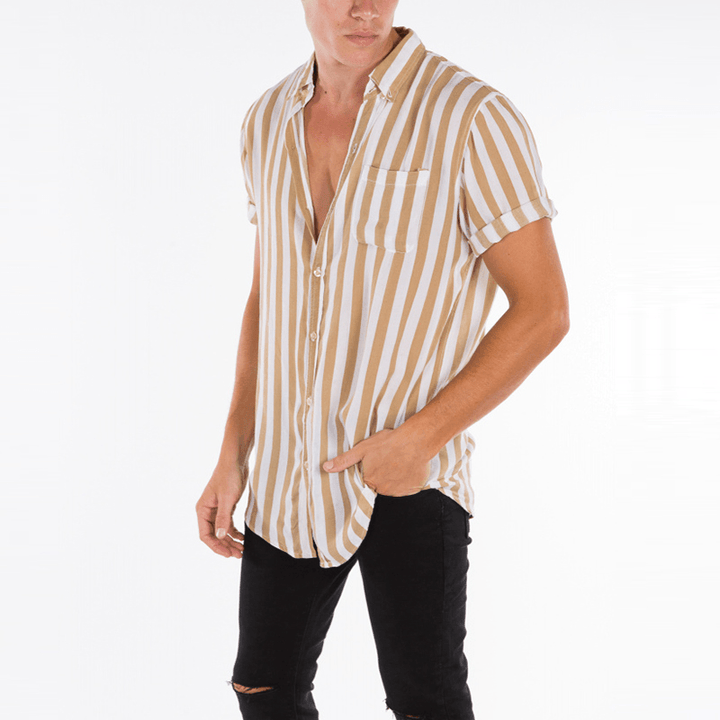 Men Vertical Stripe Turn-Down Collar Short Sleeve Shirts - MRSLM