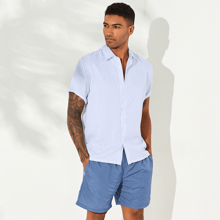 Men Stripe Short Sleeve Turn down Collar Shirts - MRSLM