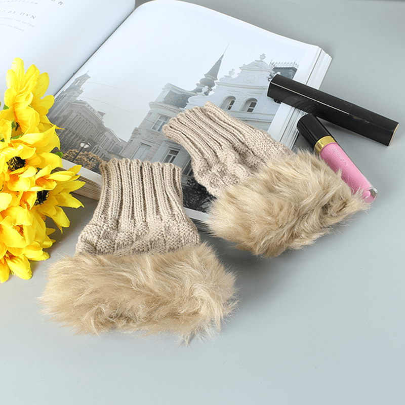 Women Winter Warm Knitted Thicken Fingerless Gloves Artificial Rabbit Hair Half Finger Sleeve - MRSLM