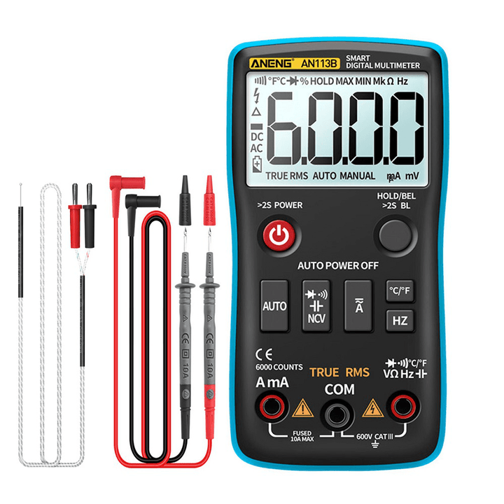 ANENG AN113B Digital Multimeter True RMS with Temperature Tester 6000 Counts Auto-Ranging AC/DC Transistor Voltage Meter - MRSLM