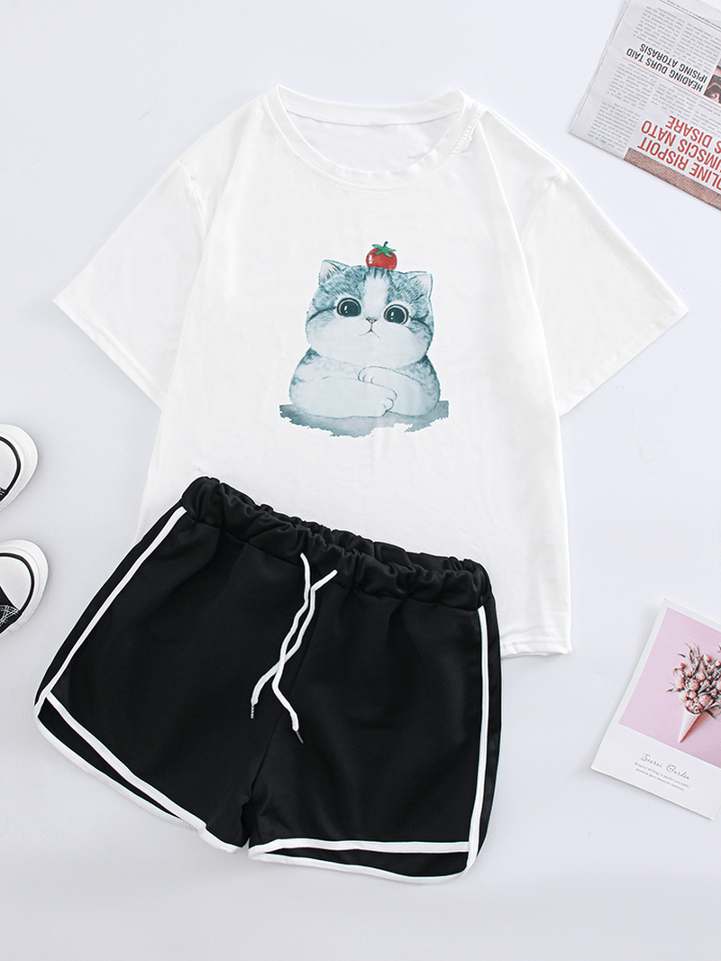 Cats Print Pajamas Set Outwork Drawstring Sports Shorts Sleepwear - MRSLM