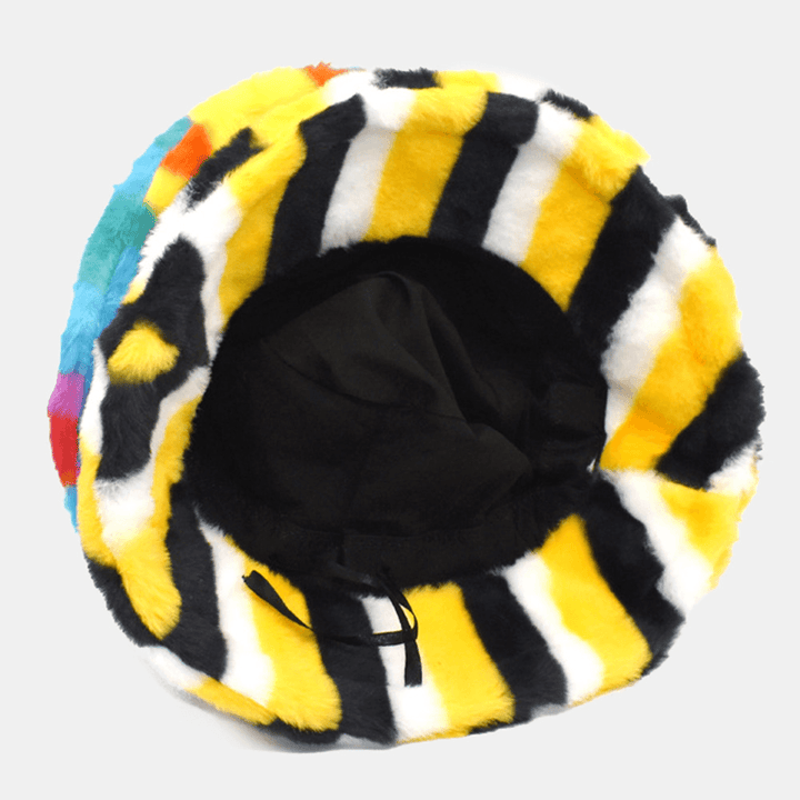 Unisex Faux Rabbit Fur Rainbow Color Striped Thicken Outdoor Warmth Bucket Hat - MRSLM