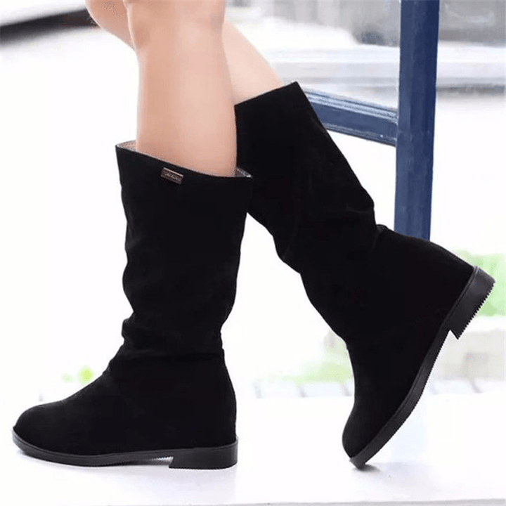 Women Warm Solid Color Suede Winter Snow Mid-Calf Boots - MRSLM