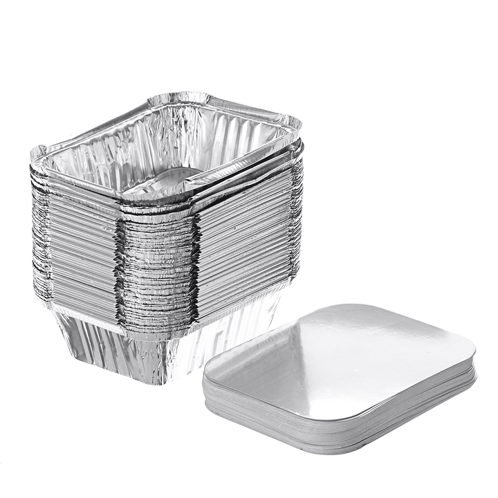 50PCS Aluminum Foil Trays BBQ Disposable BBQ Mat Food Container Baking Pan with Lids - MRSLM