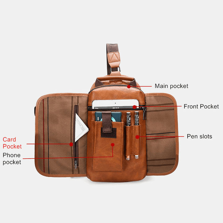 Men PU Leather Large Capacity Multifunction Headset Hole USB Charging Short Trip Sling Bags Crossbody Bag Chest Bag - MRSLM