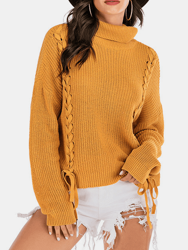 Women Bandage High Neck Pullover Warm Yellow Knitting Sweaters - MRSLM