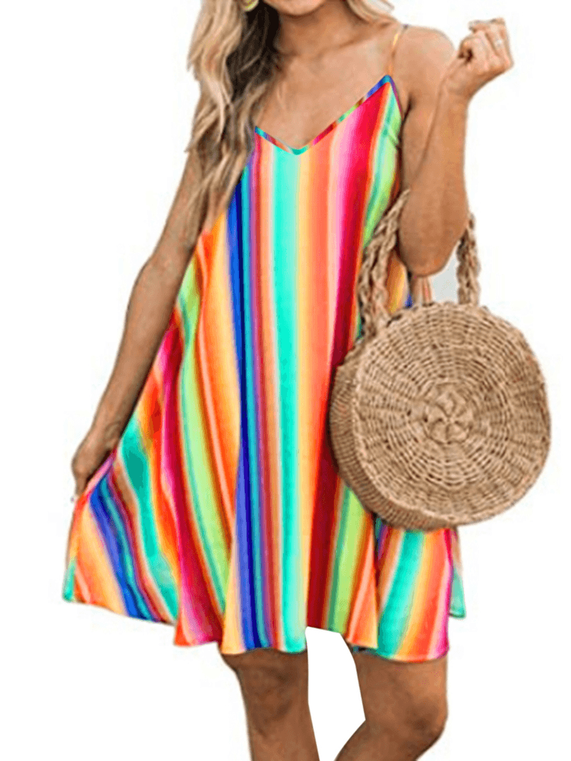 V-Neck Color Patchwork Sleeveless Summer Holiday Dress for Women - MRSLM