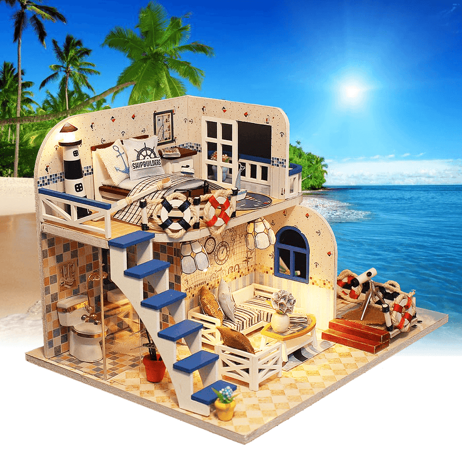 DIY LED Light Coastal Villa Doll House Miniatures Furniture Gift Kit - MRSLM