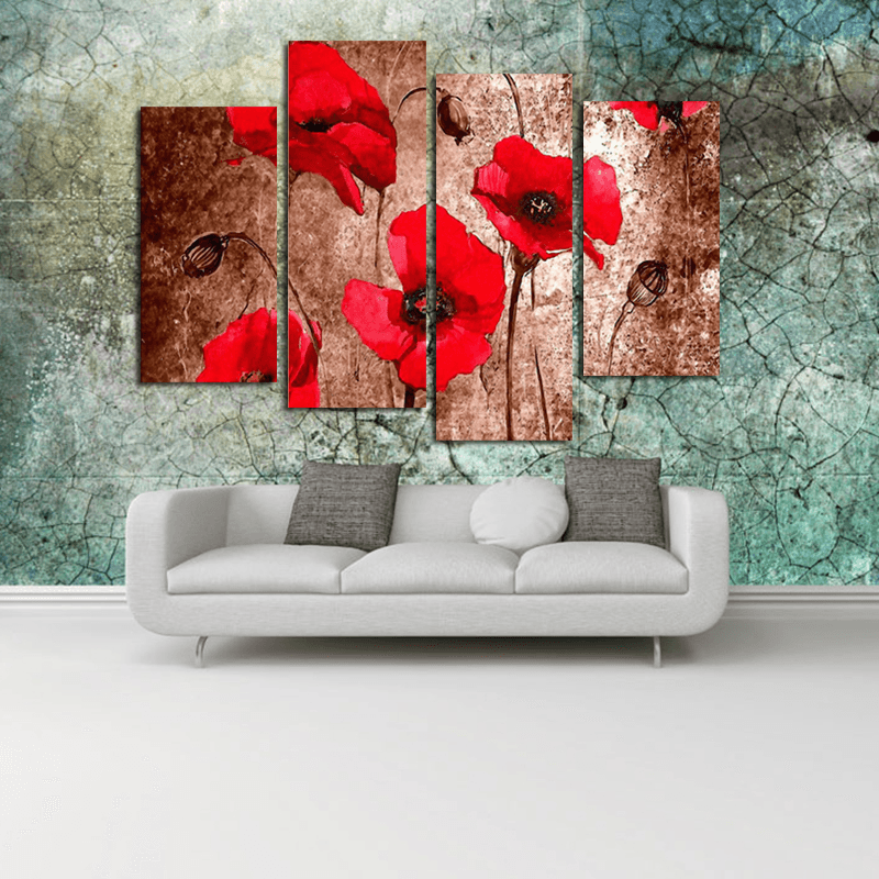 Miico Hand Painted Four Combination Decorative Paintings Red Flowers Wall Art for Home Decoration - MRSLM