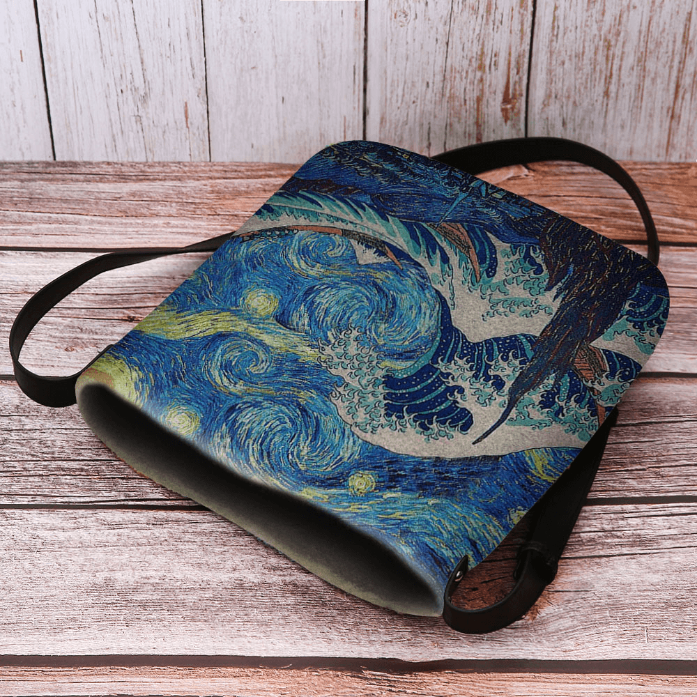 Women Felt Sea Wave Starry Sky Pattern Oil Painting Style Prints Crossbody Bag Shoulder Bag - MRSLM