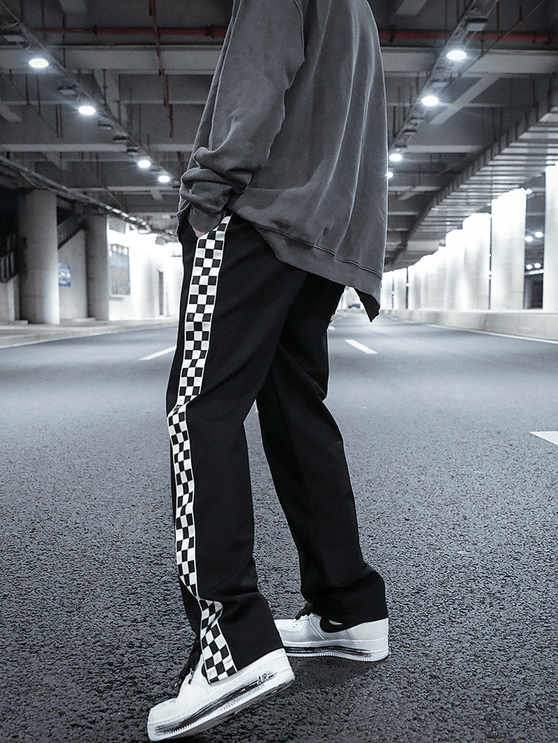 Checkerboard Side Split Straight Leg Sweatpants Hip-Hop Drop Feeling Stacked Drawstring Casual Pants Men - MRSLM