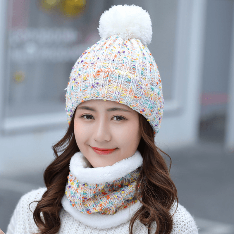 Thick Warm Wool Cap Bib Two-Piece Set Beanie Warm Winter Pom Cap - MRSLM