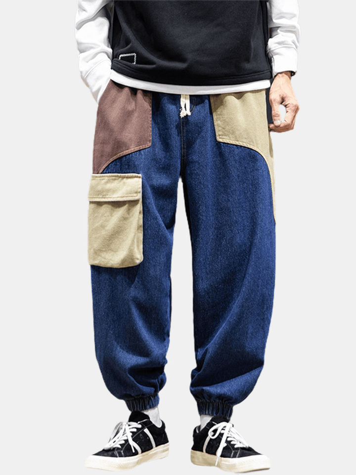 Mens Patchwork Multi Pocket Drawstring Elastic Waist Loose Jogger Jeans - MRSLM