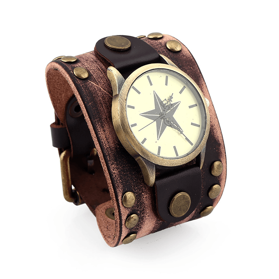 Casual Vintage Multi-Layer Cowhide Leather Strap Unisex Quartz Watch Bracelet - MRSLM