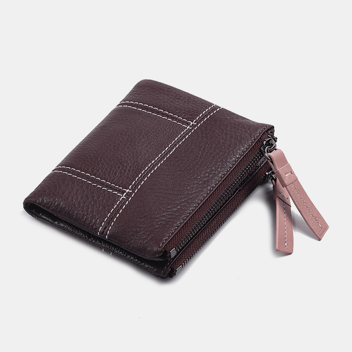 Women Genuine Leather Bifold Hasp Zipper Short Multi-Card Slots Coin Purse Money Clip Wallet - MRSLM