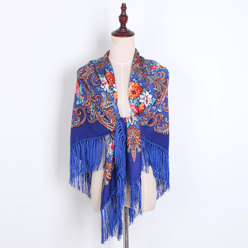 Warm Shawl National Wind Print Tassel Square Towel Travel Female Scarf - MRSLM