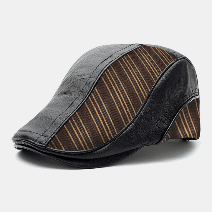 Men PU Leather Knit Stitching Stripe Pattern Berets Retro Adjustable Warm Forward Cap Peaked Cap - MRSLM