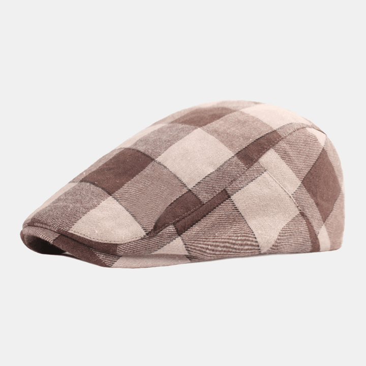 Men Contrasting Colors Plaid Pattern Adjustable Beret Cap Retro Winter Warmth Forward Hat Flat Cap Cabbie Hat - MRSLM