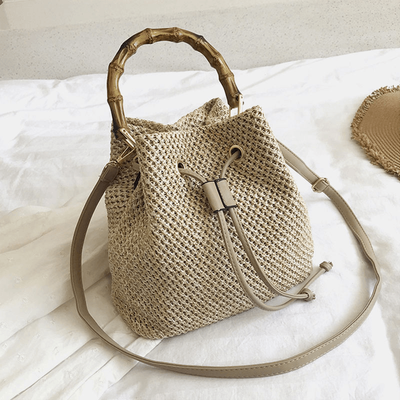 Women Solid Color String Casual Straw Bag Handbag Shoulder Bag Crossbody Bags Bucket Bag - MRSLM