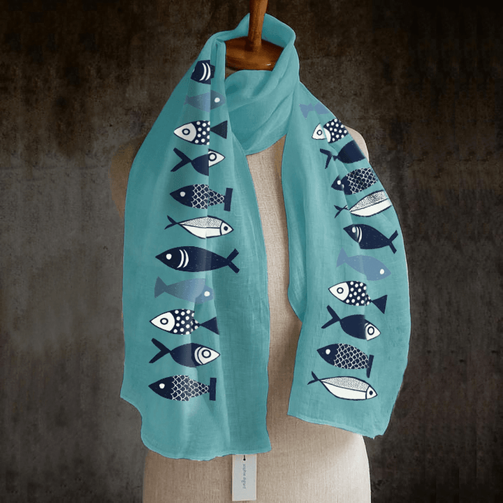 Women Solid Color Fishes Printing Pattern Linen Long Scarf Shawl Wrap Multi-Purpose Elegant Neck Wrap Warm Scarf - MRSLM