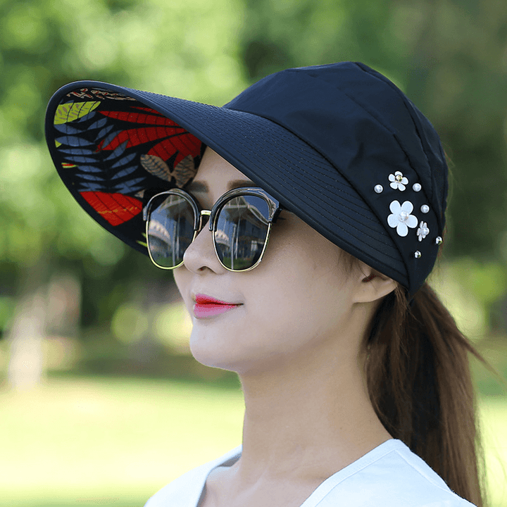 Women Ladies Summer Outdoor Anti-Uv Beach Sunscreen Sun Hat Flower Print Caps - MRSLM