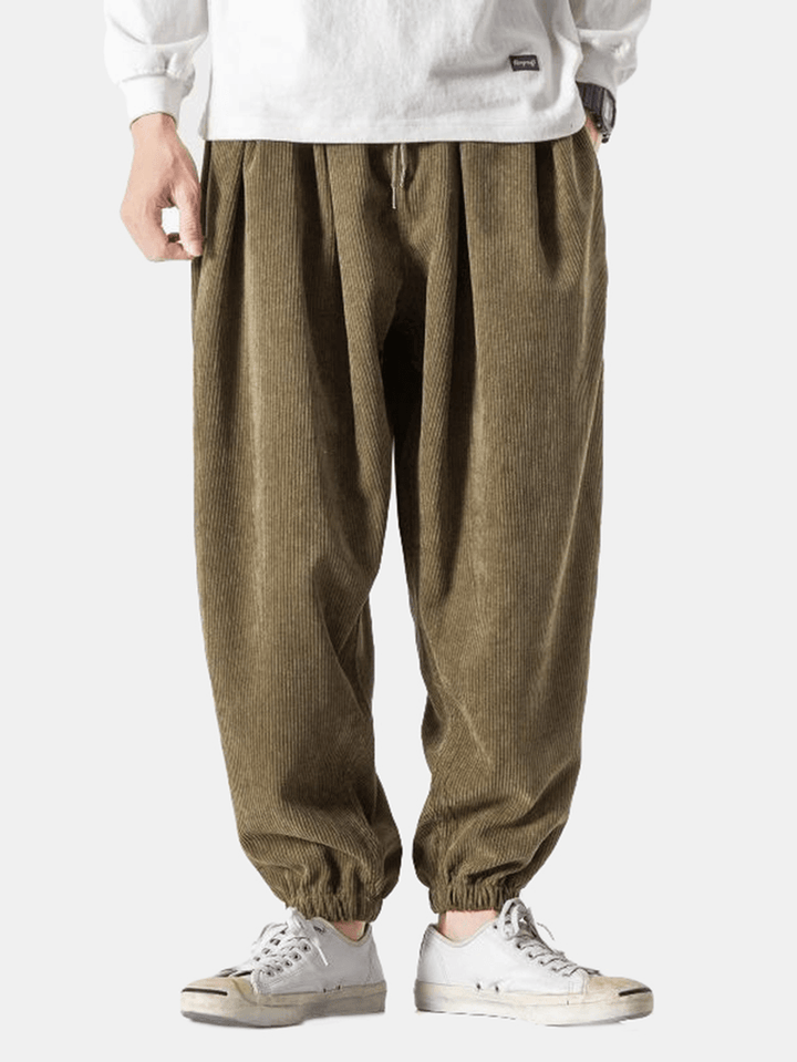 Mens Corduroy Solid Color Drawstring Loose Jogger Pants with Pocket - MRSLM