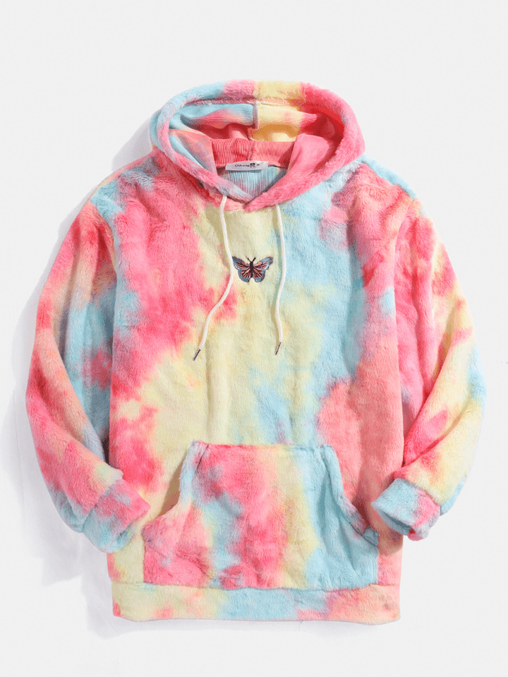 Butterfly Embroidered Tie Dye Pocket Long Sleeve Fluffy Hoodies - MRSLM