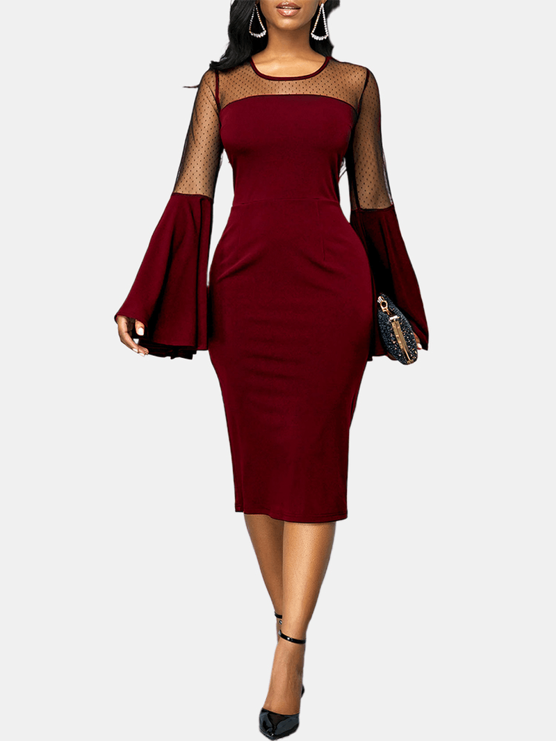 Women Solid Color Stitching Bell Sleeve Party Bodycon Midi Dress - MRSLM