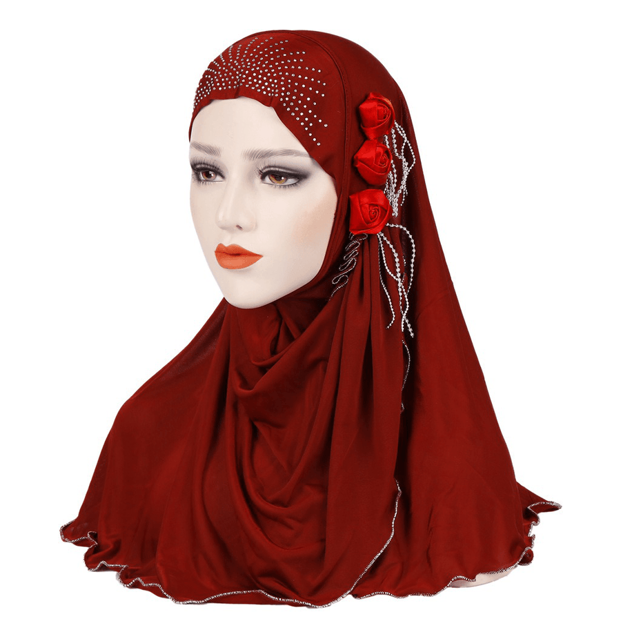 Women New Ice Silk Side Three Flower Tassels Arabian Hat Arab Wrap Scarf Turban Hat - MRSLM