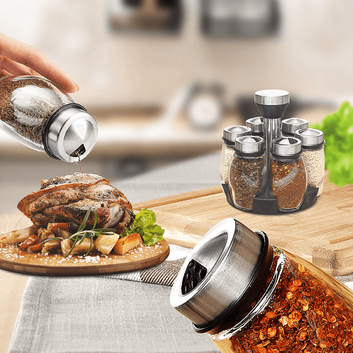 Rotatable Spice Kitchen Storage Rack Stand Holder + 6 Bottles Seasoning Organizer Shelf - MRSLM