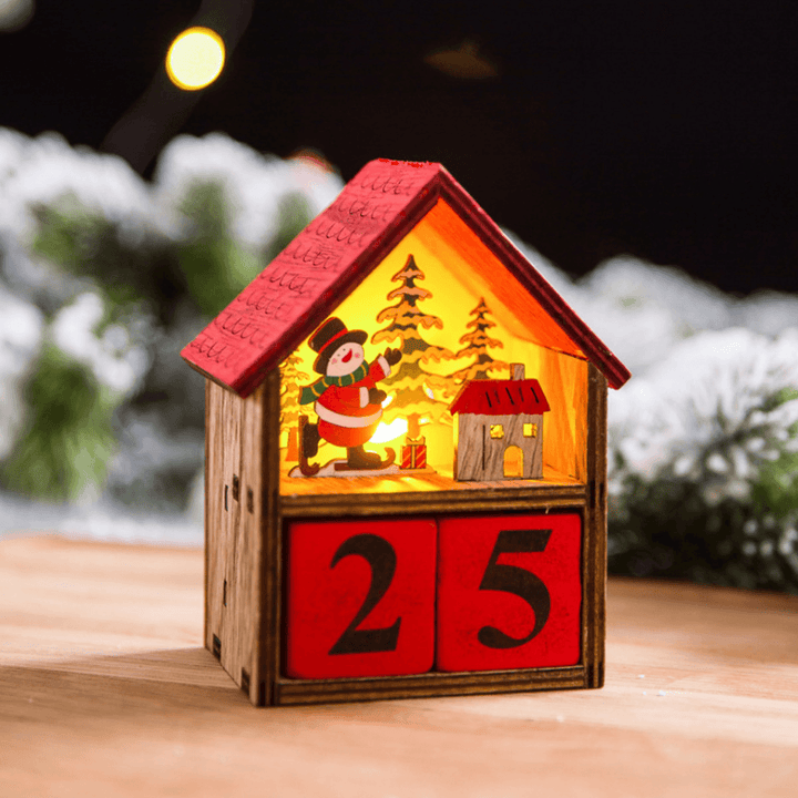 Christmas Advent Calendar LED Light up Wood House Santa Claus Snowman Home Decoration - MRSLM