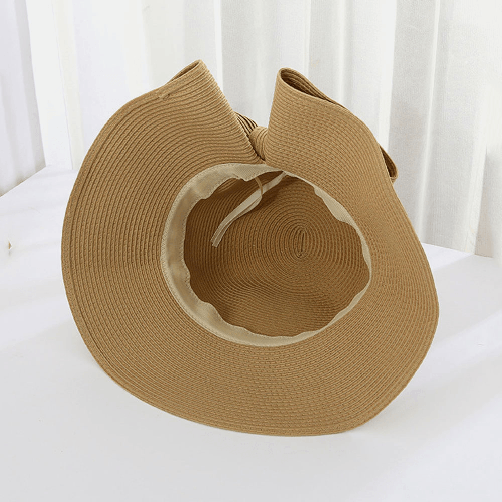 Women Foldable Rear Split Design Bow Straw Hat Adjustable Breathable Summer Casual Wild Sunshade Bucket Hat - MRSLM