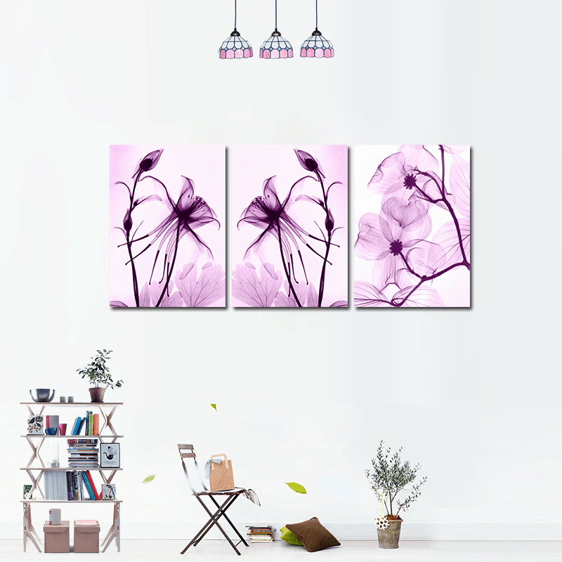 Miico Hand Painted Three Combination Decorative Paintings Botanic Purple Flowers Wall Art for Home Decoration - MRSLM