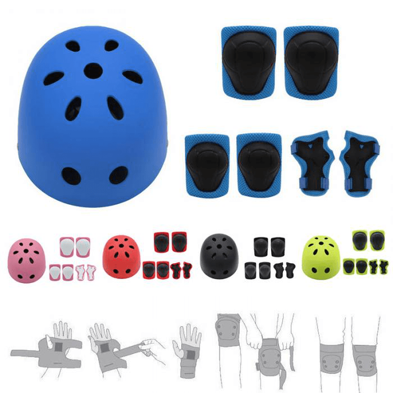 7Pcs/Set Kids Sport Protetive Kit Children Bicycle Helmet + Knee Wrist Guard + Elbow Pad Set for Roller Skating Mountain Road Bike Cycling - MRSLM