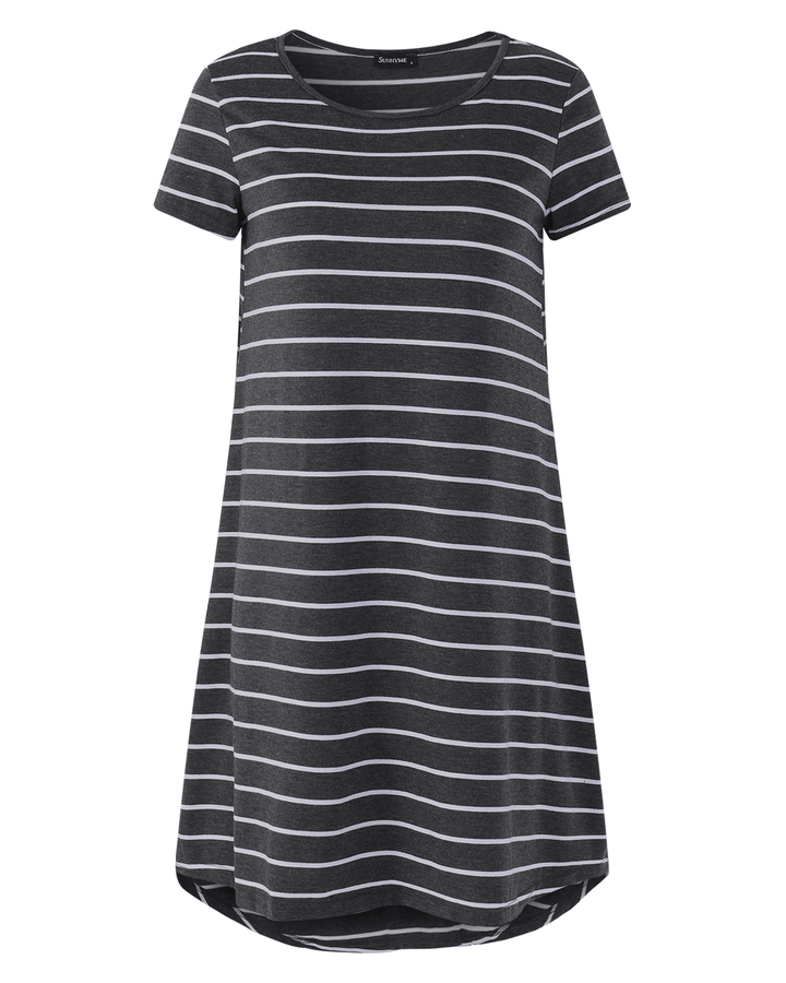 Striped O-Neck Short Sleeve Casual Summer Mini Shirt Dress - MRSLM