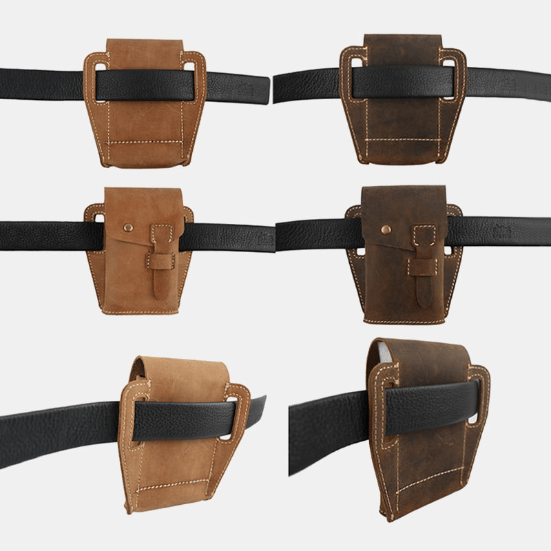 Men Genuine Leather Retro Outdoor Sport 6.3 Inch Phone Bag Waist Bag with Belt Loop - MRSLM