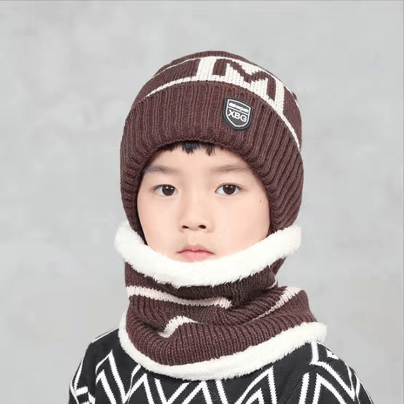 Children'S Hats for Autumn and Winter New Boys' Hats and Bibs Set Korean Letters Knitted Hedging Warm Woolen Caps - MRSLM