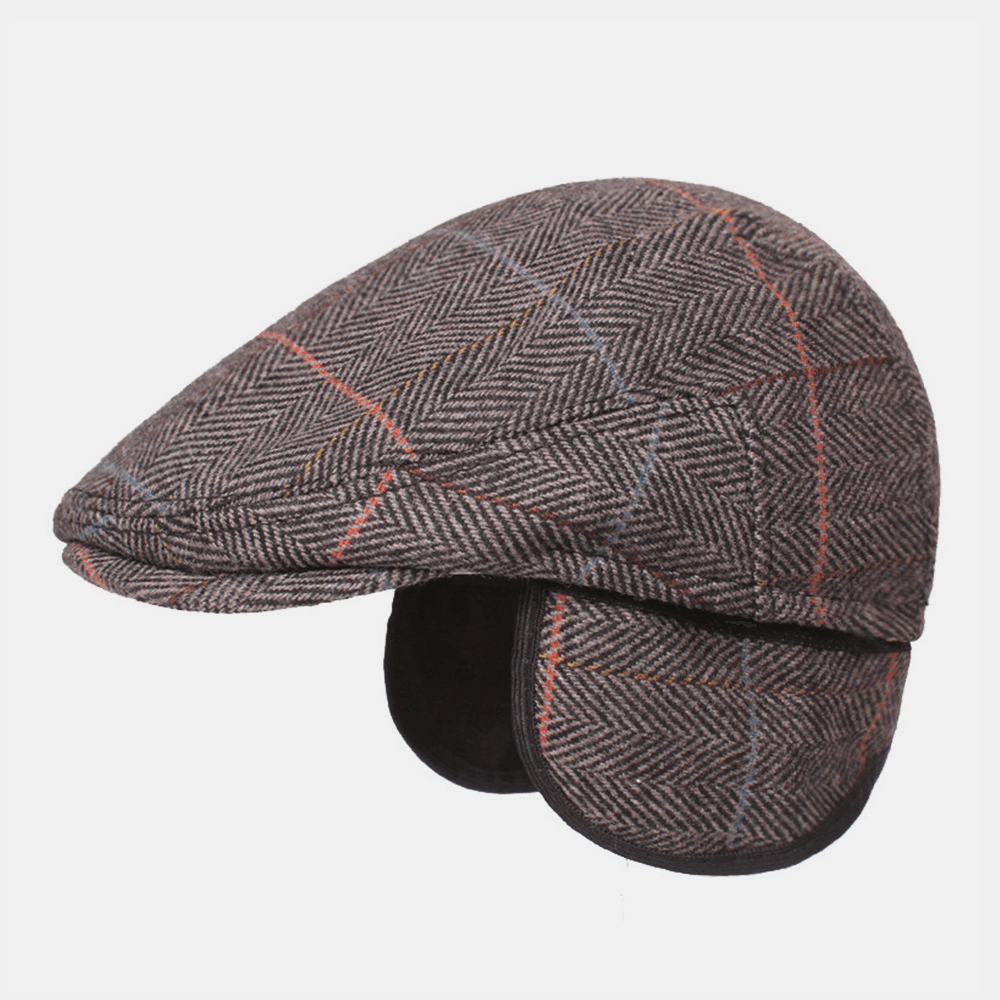 Men Woolen Herringbone Lattice Pattern Berets British Retro Ear Protection Forward Hat Newsboy Hat - MRSLM