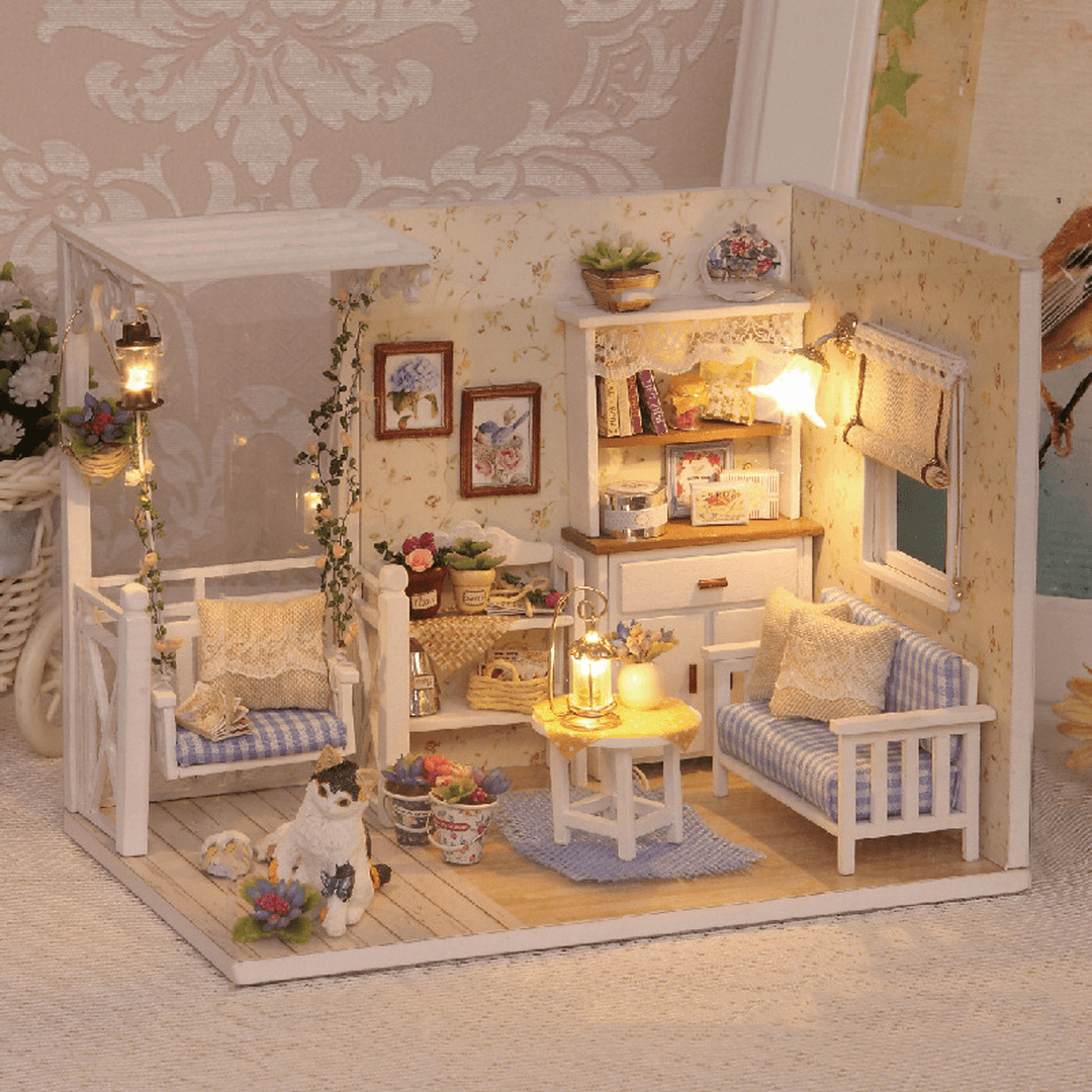 Wooden Multi-Style 3D DIY Handmade Assemble Doll House Miniature Kit with Furniture LED Light Education Toy for Kids Gift Collection - MRSLM