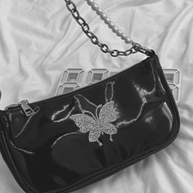 Women PU Leather Pearls Rhinestone Chain Butterflies Pattern Small Square Bag Handbag Shoulder Bag - MRSLM