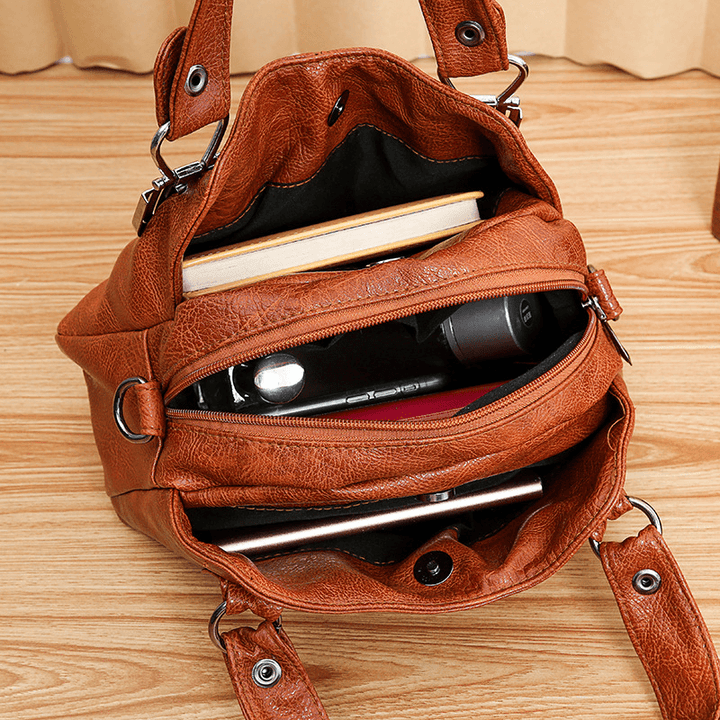 Women Faux Leather Retro Business Shopping All-Match Large Capacity Multi-Carry Handbag Tote Crossbody Bag - MRSLM