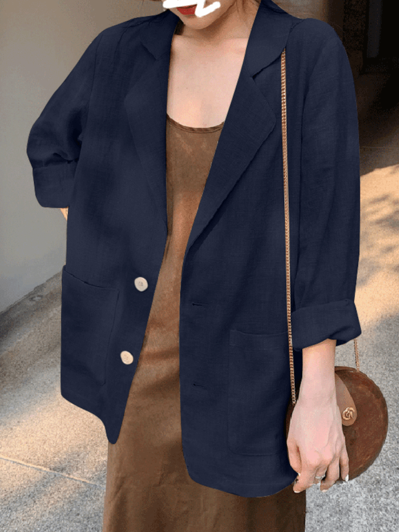 100% Cotton Solid Full Sleeve Lapel Loose Coat with Side Pockets for Women - MRSLM